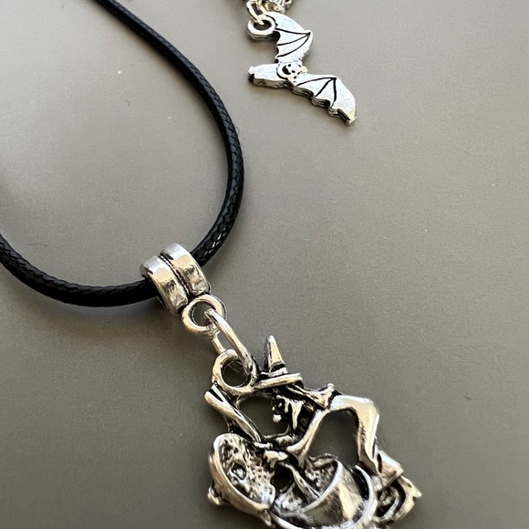 Witch and Cauldron Paranormal Pendant Necklace with Bat Charm - Picture 6 of 13
